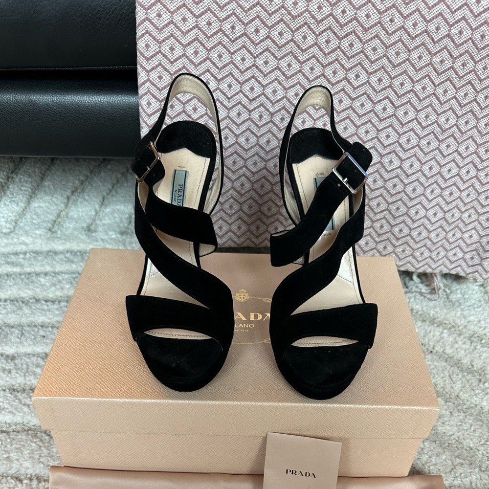 Prada Black Suede Strappy Platform Heels | Size 38 | Classic Evening Pumps